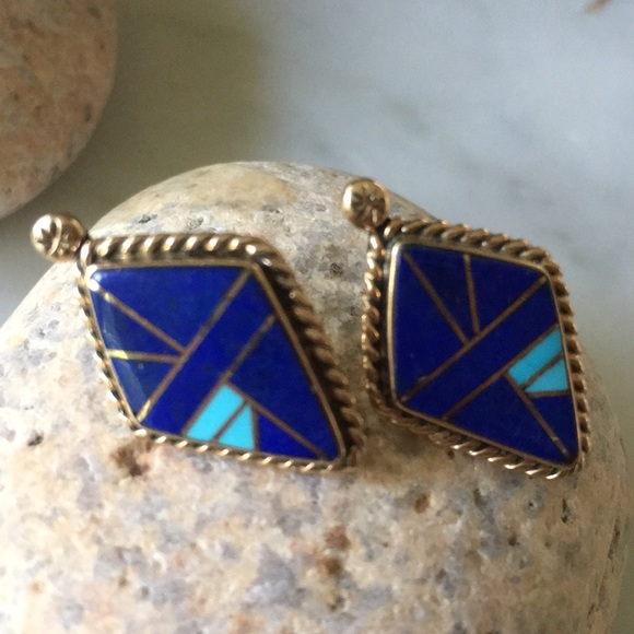 Vintage 14K Gold Lapis Turquoise Native American Earrings - Picture 12 of 16